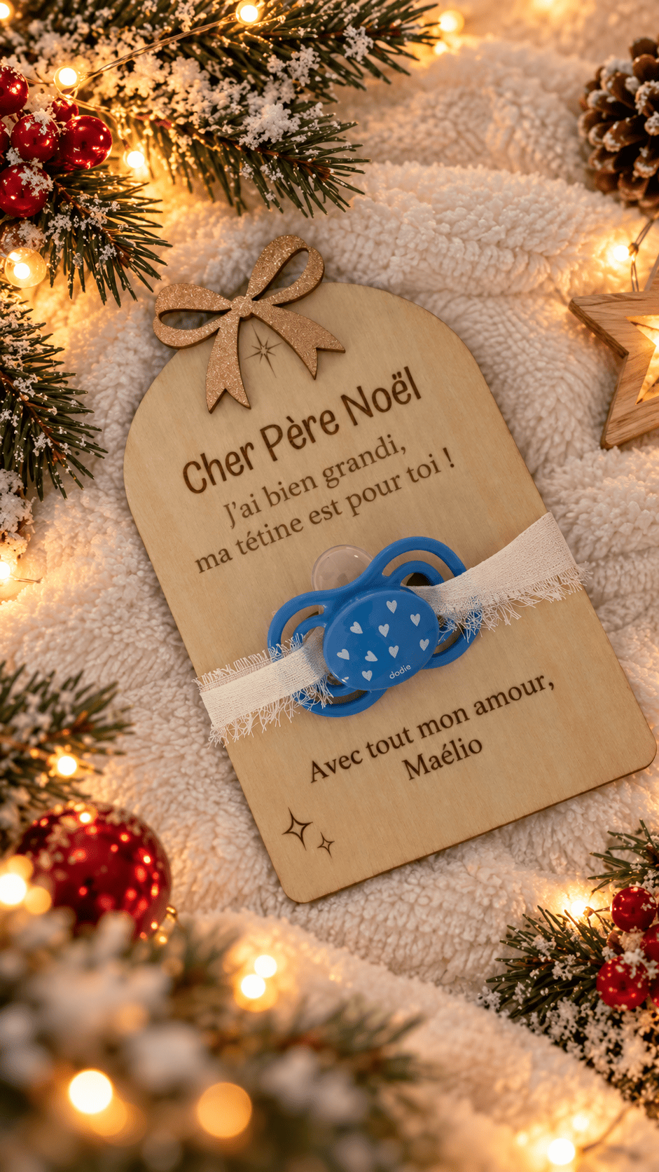 Plaque de Noël personnalisée pour tétine – Cadeau du Père Noël